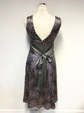 TED BAKER GREY & LILAC PRINT 100% SILK SLEEVELESS FIT & FLARE DRESS SIZE 2 UK 10