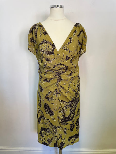 TED BAKER GREEN PRINT SILK CAP SLEEVED PENCIL DRESS SIZE 2 UK 10