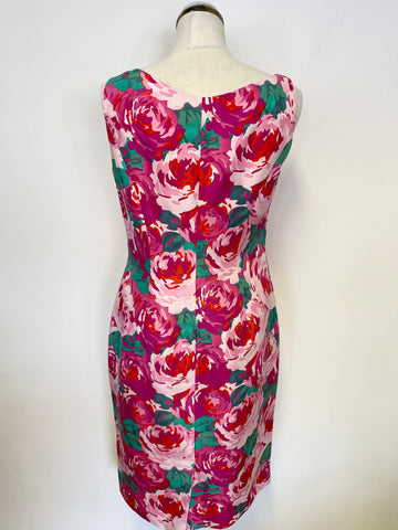 LK BENNETT PINK & GREEN FLORAL PRINT SILK BLEND PENCIL DRESS SIZE 12