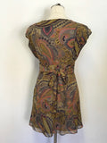 TED BAKER BROWN PAISLEY PRINT SILK SLEEVELESS FIT & FLARE DRESS SIZE 1 UK 8/10