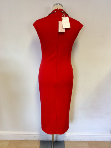 BRAND NEW TED BAKER RED HIGH NECK EMBELLISHED DRESS SIZE 2 UK 10