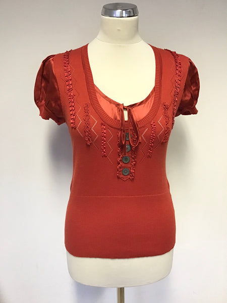 KAREN MILLEN RED SILK TRIM & SHORT SLEEVE JUMPER SIZE 2 UK 10/12