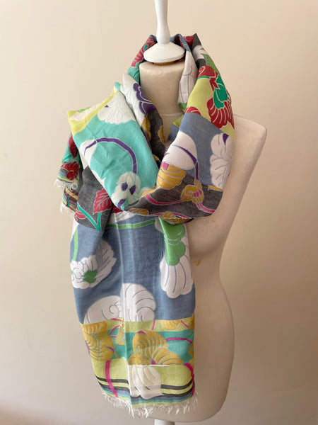 KENZO MULTI COLOURED FLORAL DESIGN COTTON & SILK BLEND WRAP/ SCARF