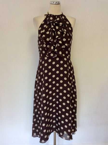 MONSOON BROWN & CREAM SPOT SILK HALTERNECK DRESS SIZE 12