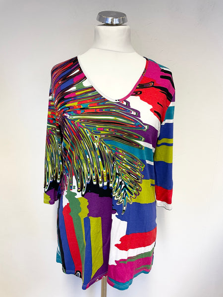 DORIS STREICH MULTI COLOURED V NECK 3/4 SLEEVED TOP SIZE 40 UK 14