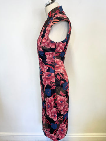 KAREN MILLEN BLACK WITH RED & PINK FLORAL PRINT CAP SLEEVE PENCIL DRESS SIZE 12