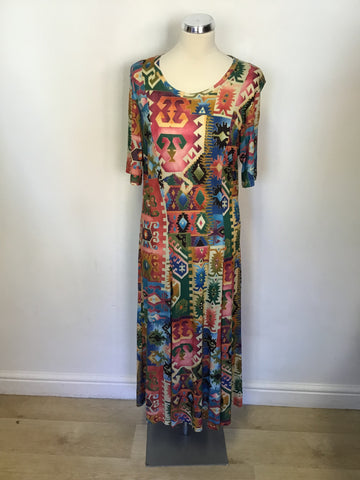 TRAVELLING LIGHT MULTI COLOURED AZTEC PRINT SHORT SLEEVE STRETCH JERSEY DRESS SIZE L