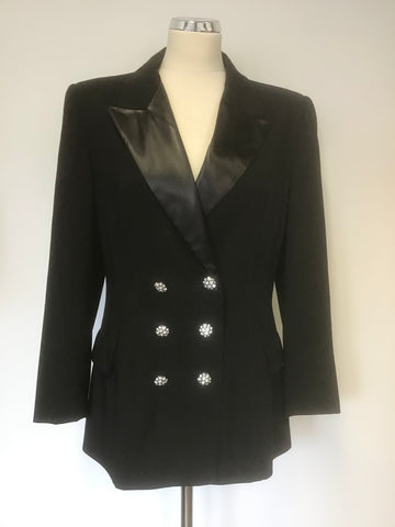 SEELER BLACK WOOL DIAMANTÉ TRIM DOUBLE BREASTED EVENING JACKET SIZE 40 UK 14