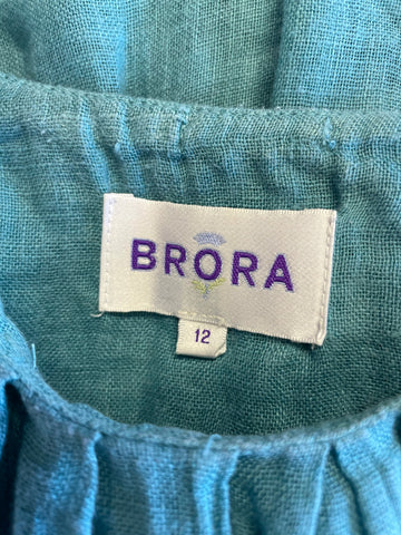 BRORA TURQUOISE ORGANIC LINEN TIE WAIST SHORT SLEEVE SHIFT DRESS SIZE 12