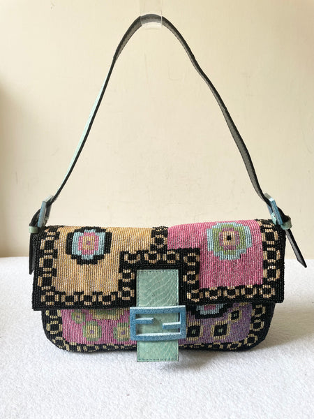 RARE VINTAGE FENDI BAGUETTE MULTICOLOURED BEADED LEATHER STRAP SHOULDER BAG