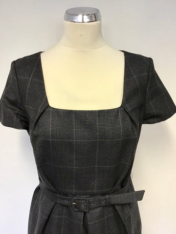 LK BENNETT GREY CHECK WOOL BELTED PENCIL DRESS SIZE 12