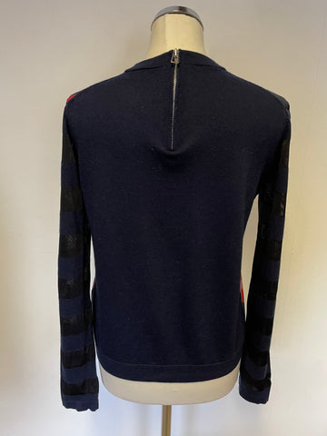 PAUL SMITH NAVY BLUE WOOL KNIT & MULTI COLOURED SILKY FRONT JUMPER SIZE M