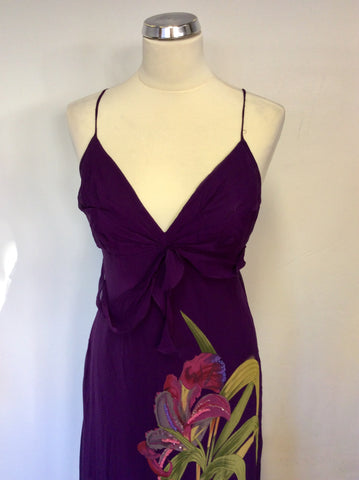 KAREN MILLEN PURPLE SILK FLORAL PRINT DETAIL MAXI DRESS SIZE 14