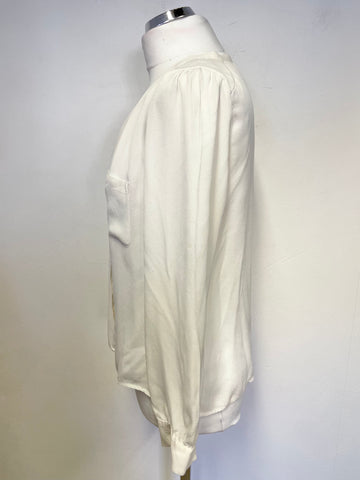 WHISTLES IVORY SILK COLLARLESS LONG SLEEVE BLOUSE SIZE 14