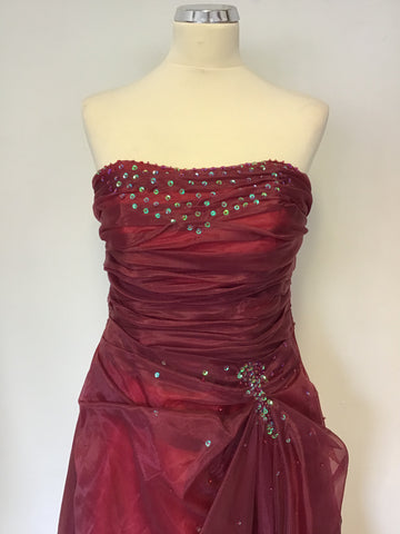 BRAND NEW YUNJAN BURGUNDY STRAPLESS SEQUINNED BALLGOWN & MATCHING WRAP SIZE 12