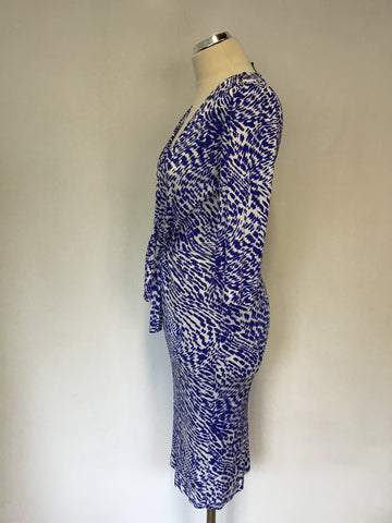 SALONI BLUE & WHITE PRINT TIE FRONT 3/4 SLEEVE DRESS SIZE 10