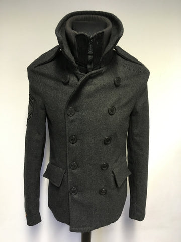 SUPERDRY NAVY LABEL DARK GREY WOOL BLEND CLASSIC P COAT SIZE S