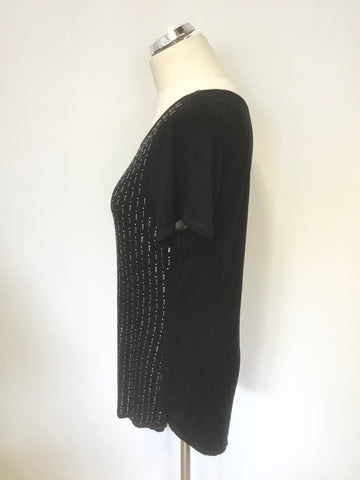 KAREN MILLEN BLACK & SILVER BEADED FRONT SHORT SLEEVE TOP / T SHIRT SIZE 14