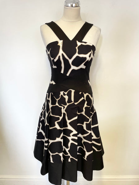 KAREN MILLEN BLACK & CREAM PRINT COTTON FIT & FLARE DRESS SIZE 10