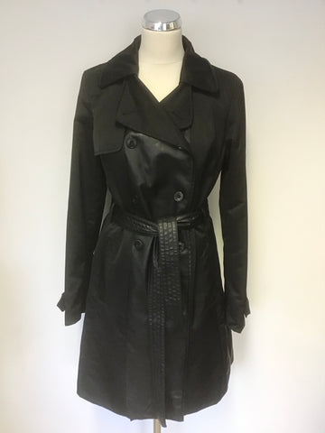 KAREN MILLEN BLACK FAUX LEATHER TRIM TRENCH COAT/ MAC SIZE 12