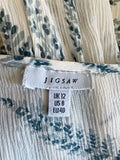 JIGSAW IVORY WITH BLUE & GREY LEAF PRINT SILK LONG SLEEVE TOP SIZE 12