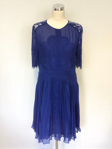 WHISTLES BLUE LACE & PLEATED SHORT SLEEVE OCCASION DRESS SIZE 16