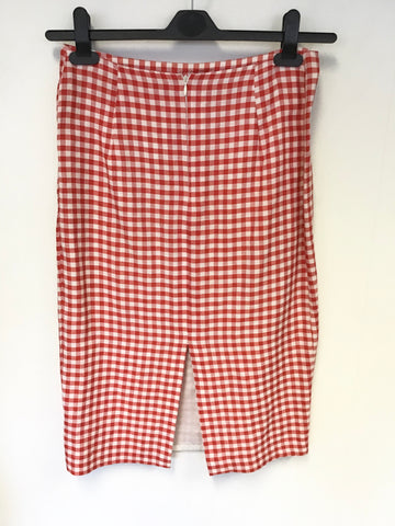 LK BENNETT RED & WHITE GINGHAM LINEN & COTTON PENCIL SKIRT SIZE 10