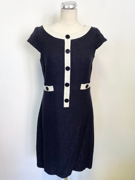 HOBBS NAVY BLUE & WHITE TRIMMED CAP SLEEVE SHEATH DRESS SIZE 12