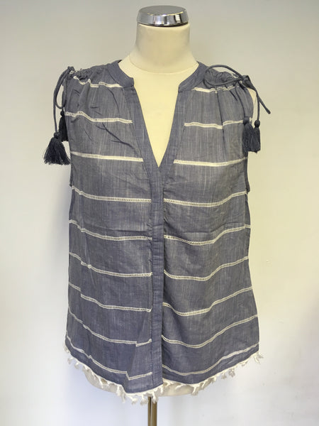 MINT VELVET DENIM BLUE & WHITE STRIPED STITCHING SLEEVES TOP SIZE 14