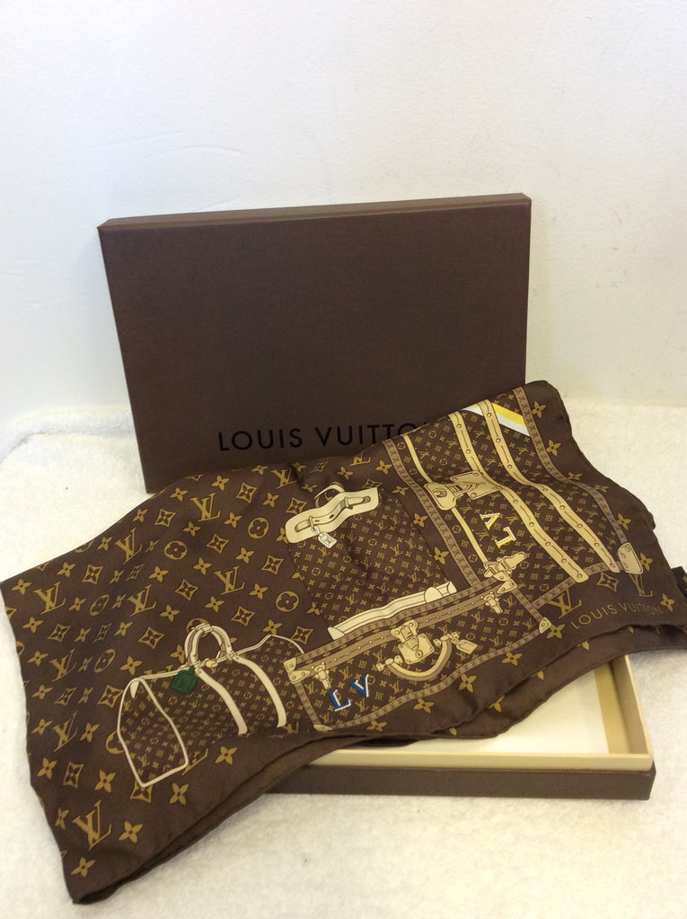 Louis Vuitton Monogram Brown Trunks Silk Square Scarf Louis Vuitton