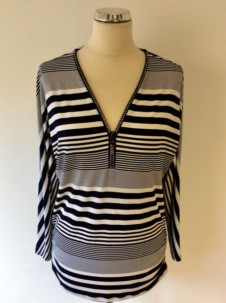 FRANK LYMAN NAVY BLUE & WHITE STRIPE DIAMANTÉ ZIP TOP SIZE 14