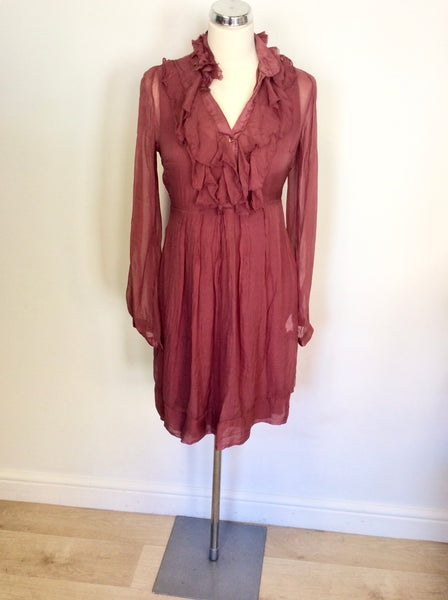 PHASE EIGHT TERRACOTTA SILK OVERLAY LONG SLEEVE RUFFLE TRIM DRESS SIZE L UK 12/14