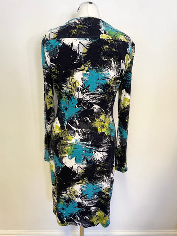 JOSEPH RIBKOFF TURQOUISE PRINT LONG SLEEVE STRETCH JERSEY DRESS SIZE 12