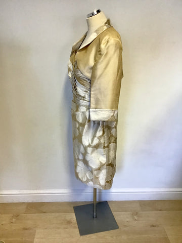 BRAND NEW MASCARA PALE GOLD & IVORY FLORAL PRINT PENCIL DRESS & BOLERO JACKET SIZE 18