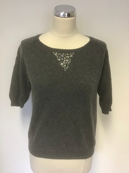 FRENCH CONNECTION DARK GREY JEWEL TRIM SHORT SLEEVE JUMPER SIZE M