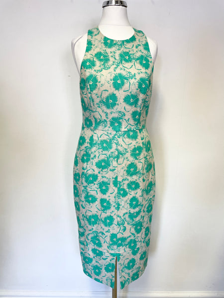 WHISTLES CREAM & GREEN FLORAL PRINT LINEN BLEND PENCIL DRESS SIZE 8