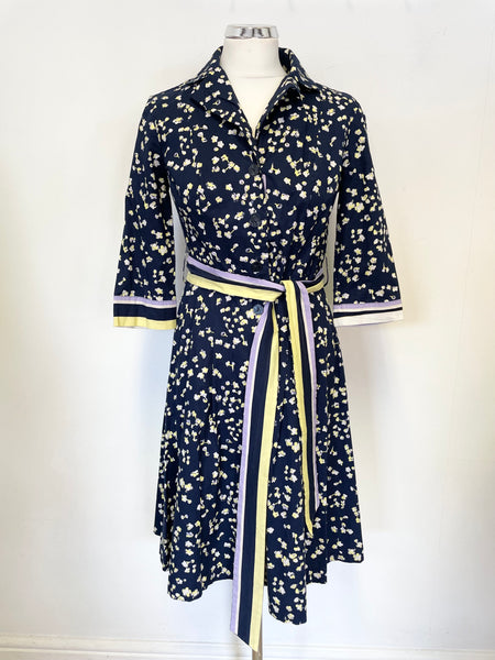 BODEN NAVY, LILAC & LEMON FLORAL PRINT 3/4 SLEEVE BELTED SHIRT DRESS SIZE 10 P