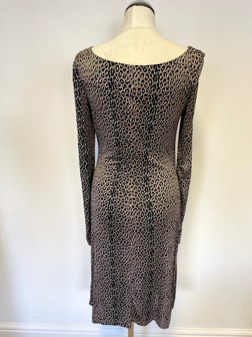 LK BENNETT BROWN & BLACK PRINT SILK DRAPED LONG SLEEVE PENCIL DRESS SIZE 12