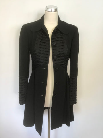 TEMPERLEY BLACK WOOL & SILK PLEATED TRIM BUTTON FASTEN SILK LINED COAT SIZE 8