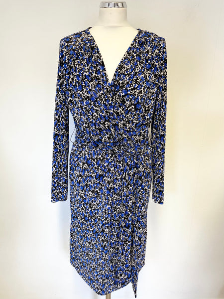 BRAND NEW MAUVETTE BLUE,BLACK & WHITE FLORAL PRINT PLEATED TIE BELT LONG SLEEVE DRESS SIZE 16