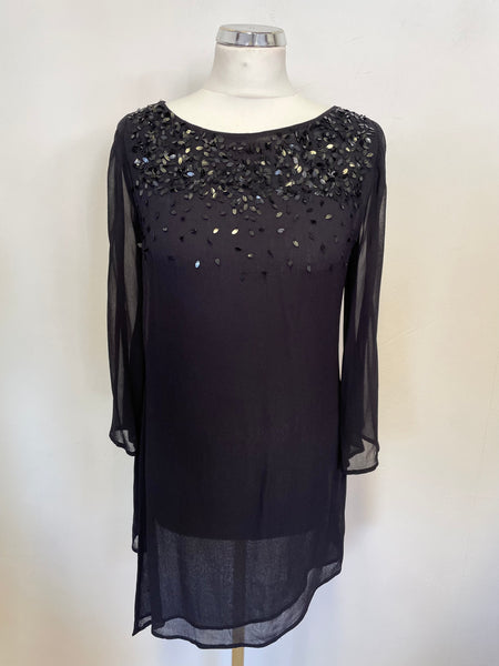 MINT VELVET BLACK SEQUINNED TRIM 3/4 SLEEVE TUNIC TOP SIZE 8