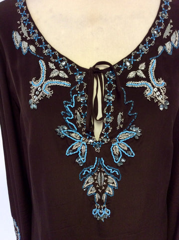 KAREN MILLEN DARK BROWN SILK BEADED & EMBROIDERED TUNIC TOP SIZE 14