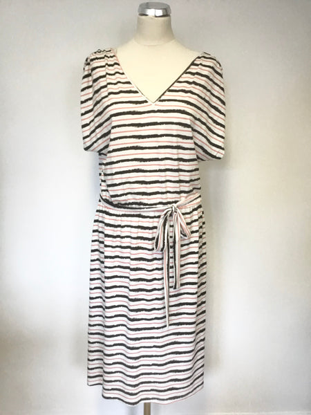 WEEKEND BY JOHN LEWIS IVORY,BLACK & PINK STRIPE STRETCH JERSEY TIE BELT DRESS SIZE 14