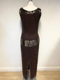 GIA SCALA BROWN SILK BRONZE BEADED SLEEVELESS LONG EVENING DRESS SIZE 12