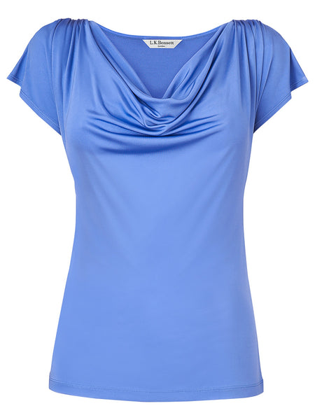 LK BENNETT MANDI CORNFLOWER BLUE COWL NECK CAP SLEEVE TOP SIZE S