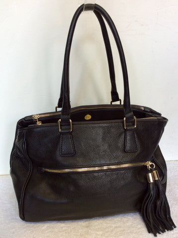 HOBBS BLACK LARGE LEATHER TASSEL TRIM SHOULDER BAG