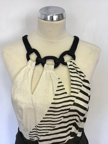 RENE DERHY BLACK & IVORY STRIPE DESIGN LINEN & SILK TRIM SLEEVELESS DRESS SIZE L UK 14