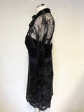 KAREN MILLEN BLACK LACE & SILK TRIMMED LONG SLEEVED PENCIL DRESS SIZE 14