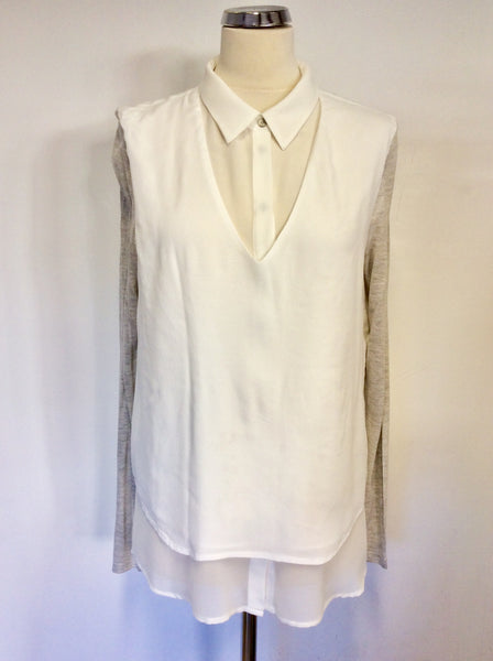 MINT VELVET WHITE COLLARED & GREY LONG SLEEVE BLOUSE/TOP SIZE 14