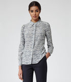 REISS JEAN CUBE PRINT GREY SILK SHIRT SIZE 10